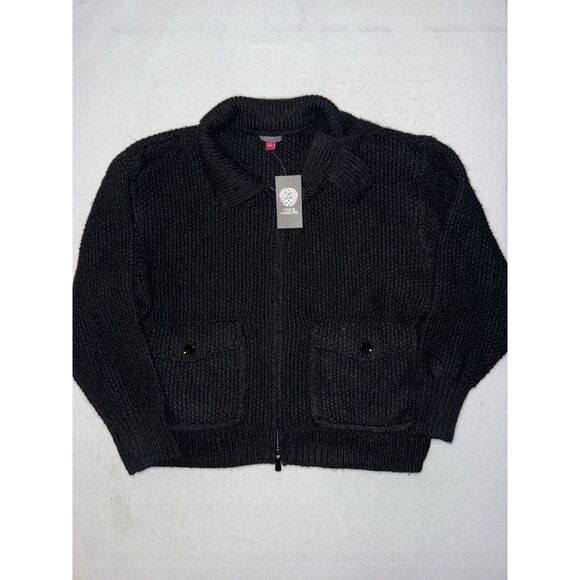 Vince‎ Camuto Full Zip Knit Black Bomber Jacket Collared Trucker Women's M NEW - Picture 1 of 5